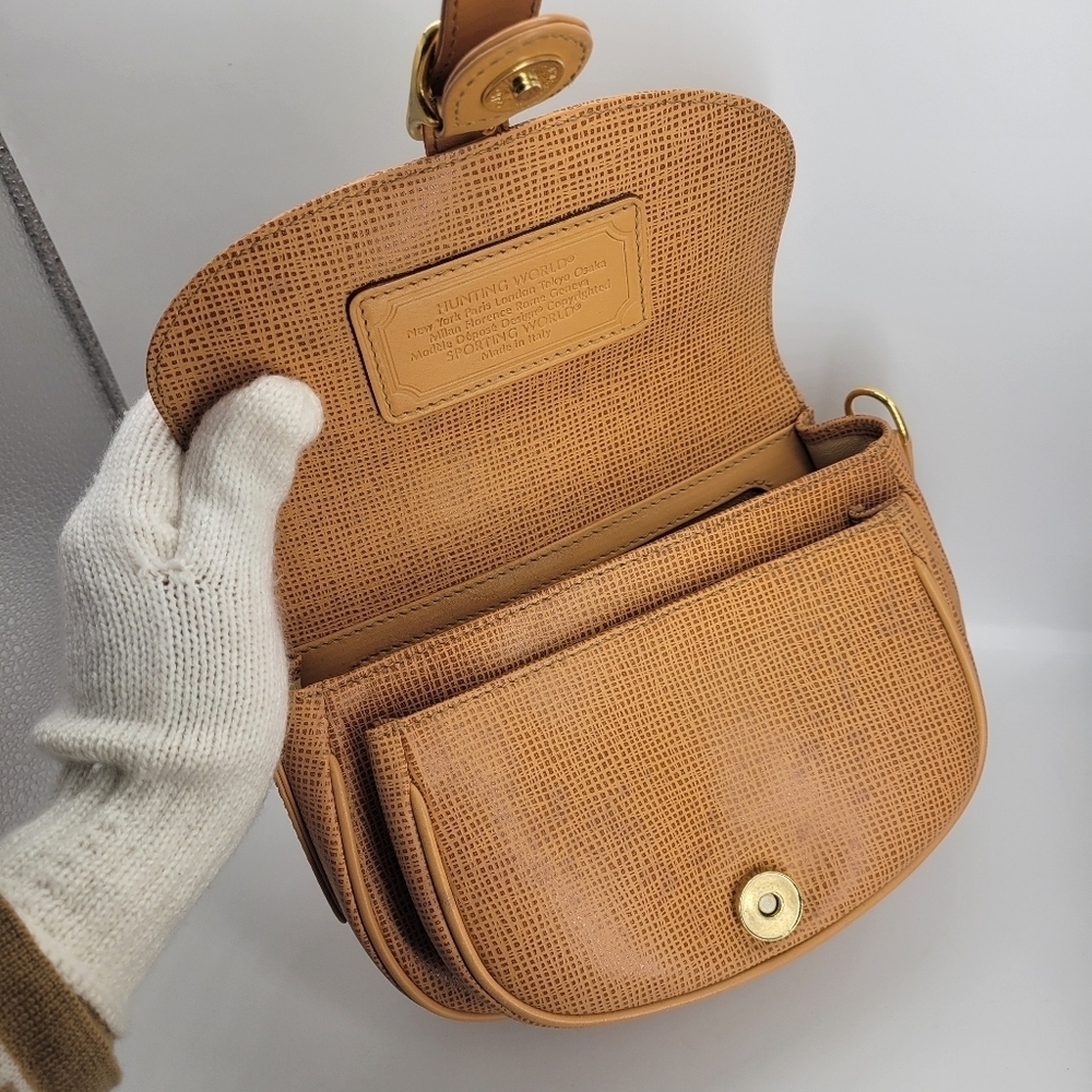 HUNTING WORLD Shoulder Bag Tan Tone Japan Made in Italy "No strap" Excellent - Picture 3 of 14